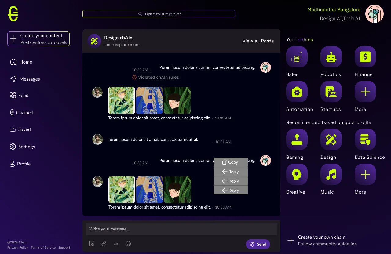 Chain chat with rule violation flag
